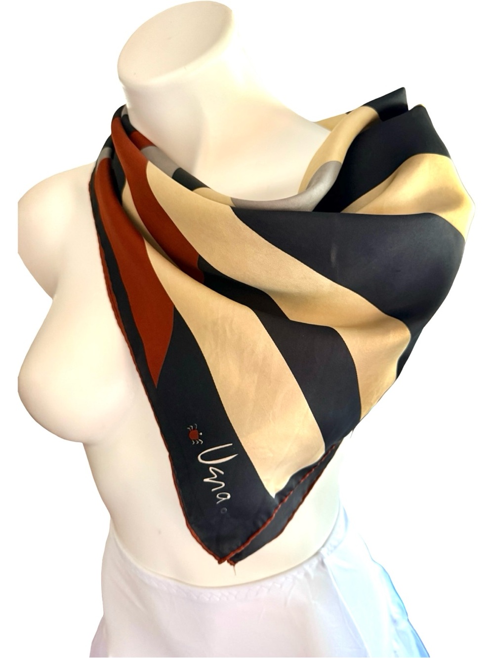 Vera Neumann Vintage 26” Square Scarf Navy Rust Geometric Op Art Ladybug Signed